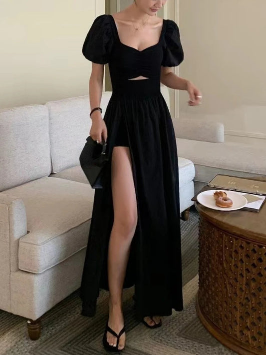 French Vintage Open Fork Long Dress Women Black Elegant Party Hollow Out Dress Female Korea Style Short Sleeve Dress Summer 2023